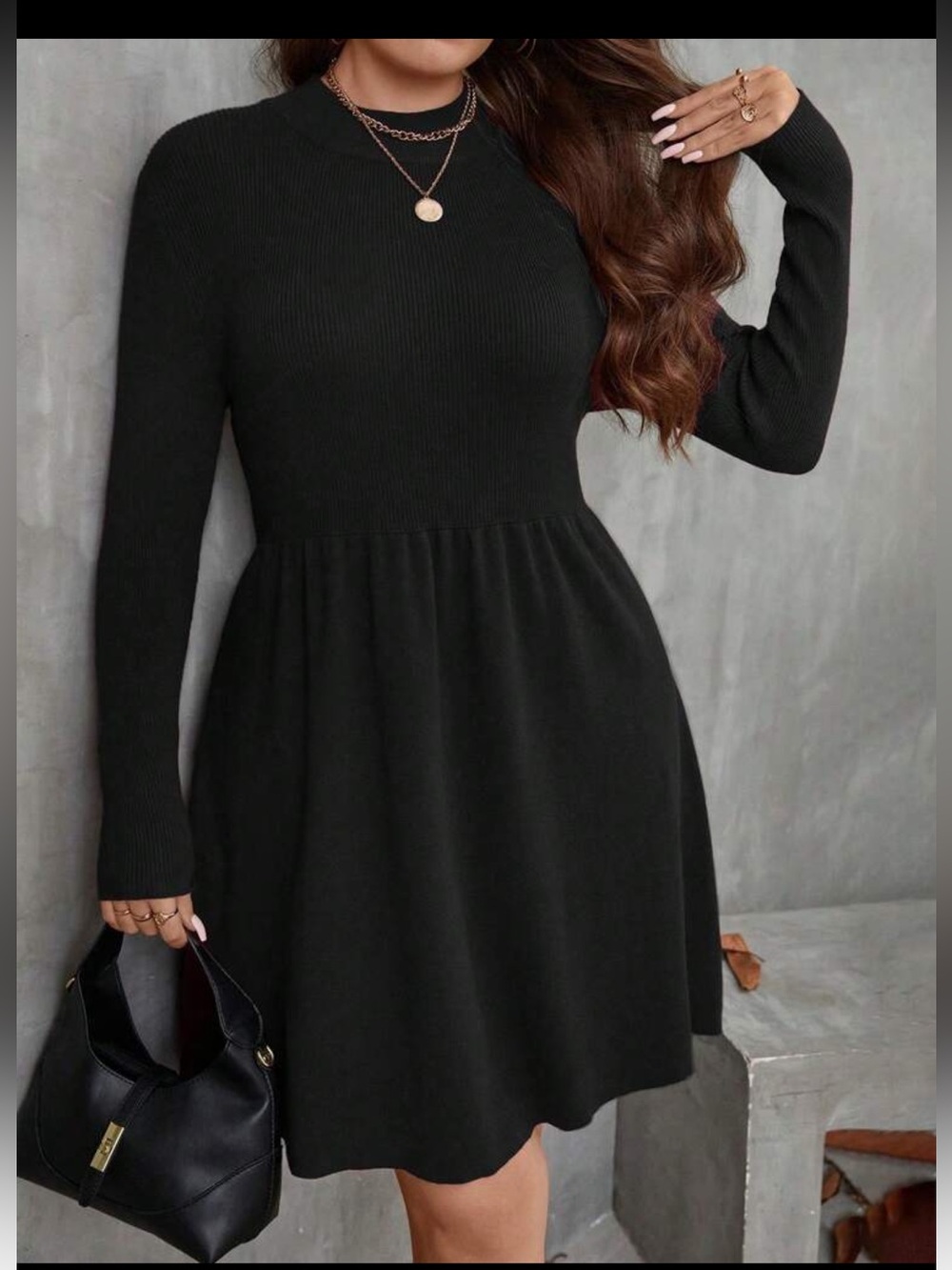 Black Long-Sleeve Knit Swing Dress